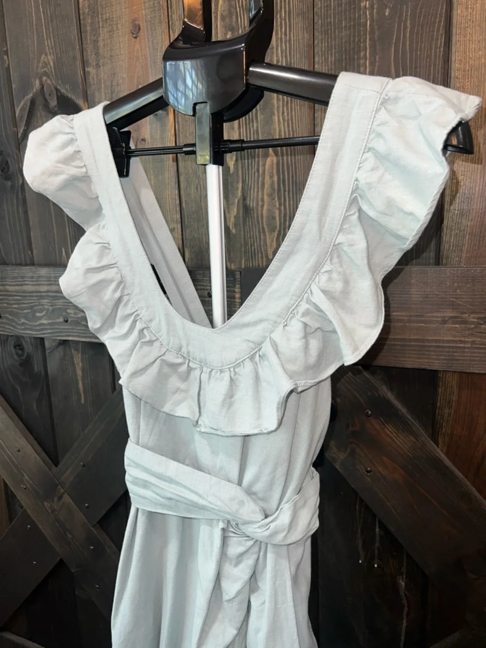 Free People Ruffle Dress XS Seafoam Green Tie Back Linen‎ Blend Criss Cross Boho